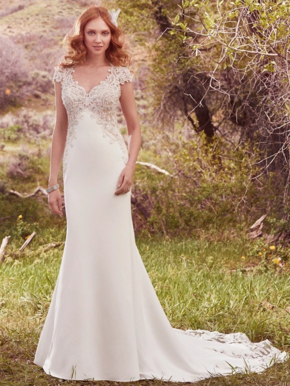 Maggie Sottero Odette Crepe Ivory Lace Fit-and-Flare Wedding Dress Size 12 Nwot